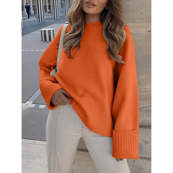 Women's Oversized Sweater Fuzzy Orange Long Sleeve Casual Chunky Pullover - Picture 2 of 8